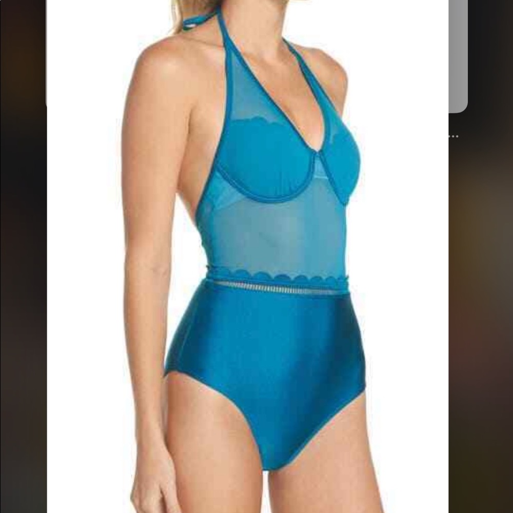 Ted Baker London Teal Mesh Halter One-Piece Swimsuit